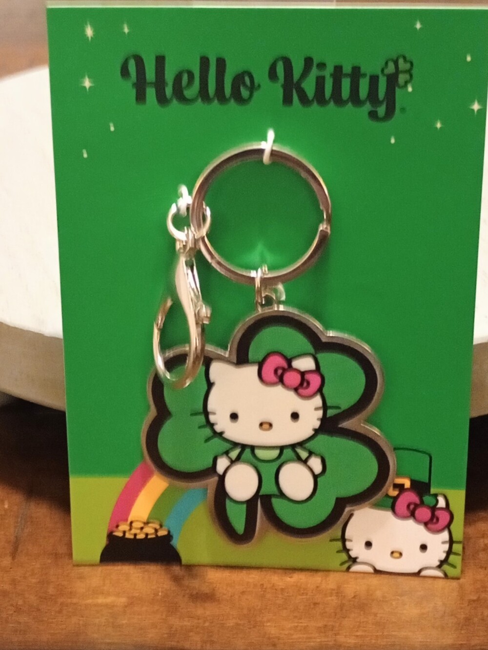 Hello Kitty Green Shamrock Keychain with Pink Bow